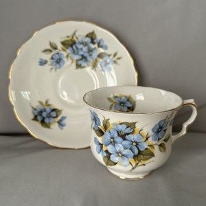 QUEEN ANNE Bone China 2 pc TEA CUP SAUCER SET Blue Morning Glories pat. 8294